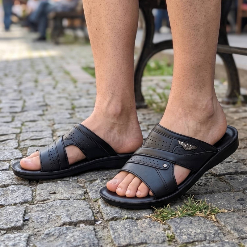 Soylu Merdane Deri 1 Kutulu Günlük Terlik Siyah